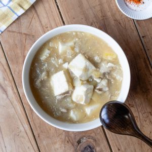 A bowl of pork miso soup, also known as Tonjiru.