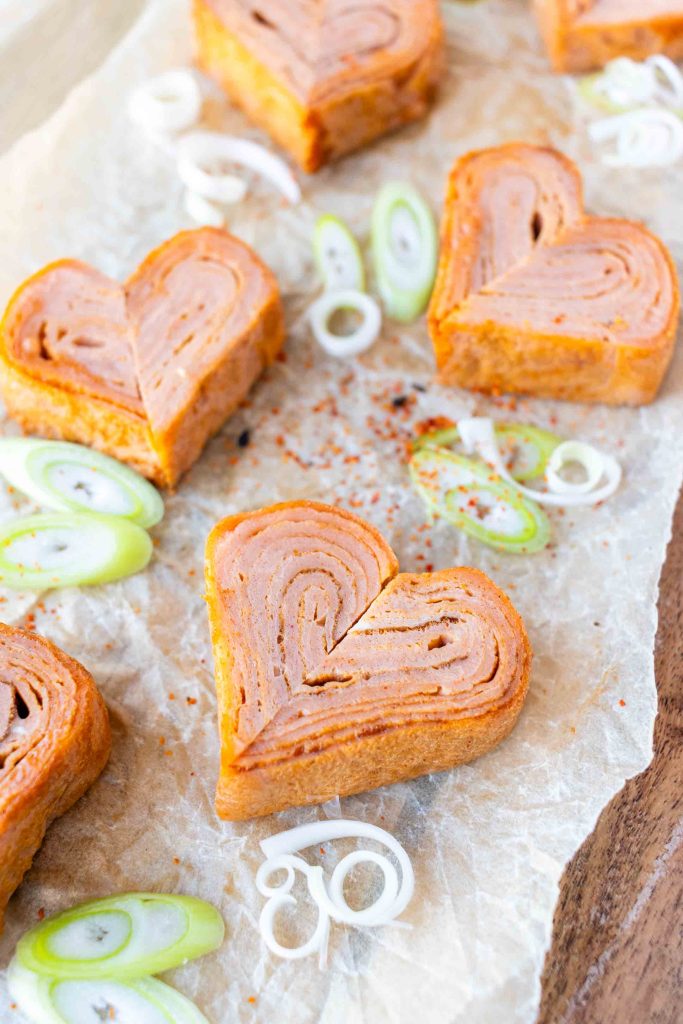 Close up of a heart shaped Tamagoyaki.