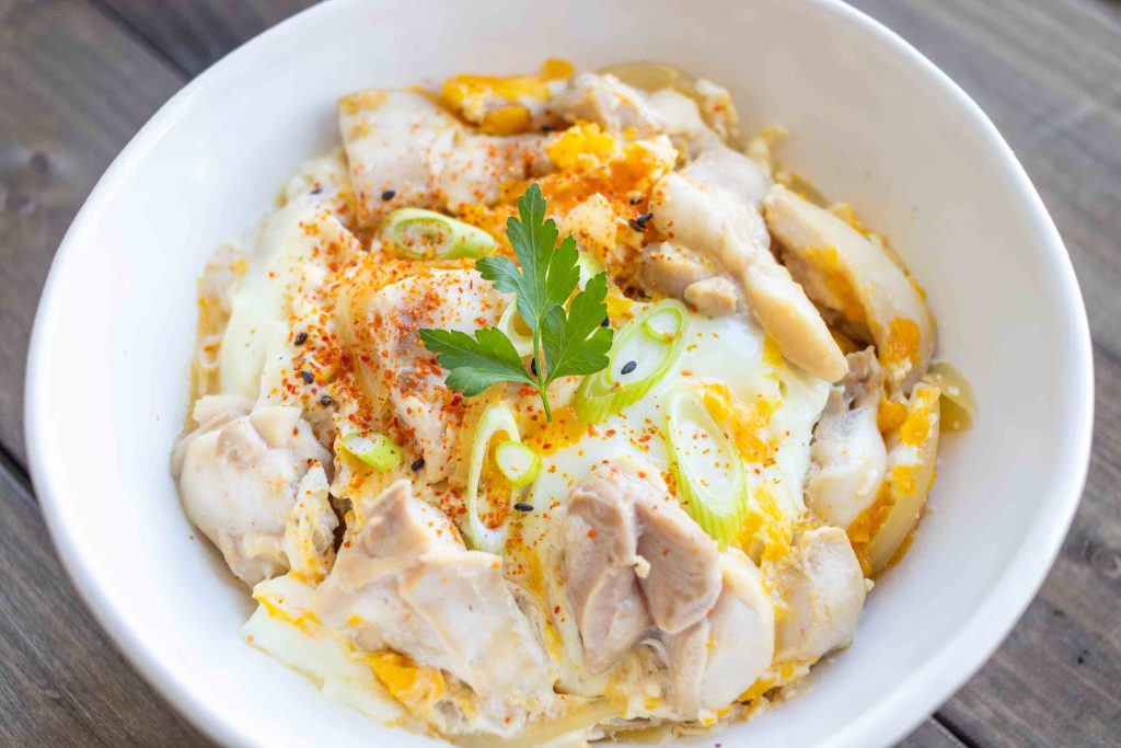 a bowl of Classic Oyakodon, a Japanese chicken and egg rice bowl.