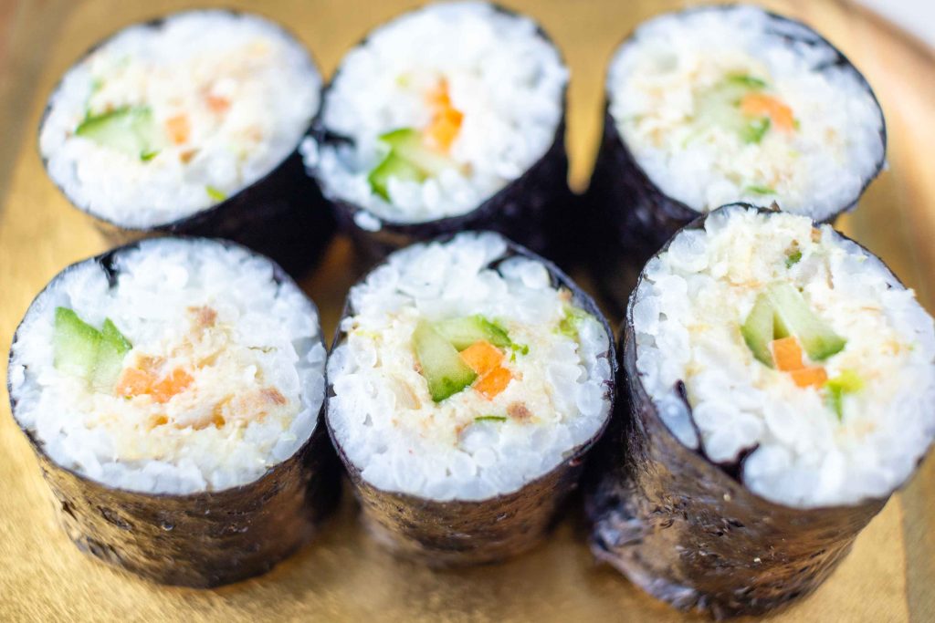 A plate of Mackerel Sushi.