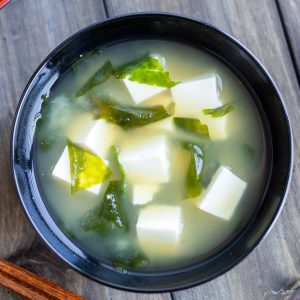 A bowl of tofu miso soup.