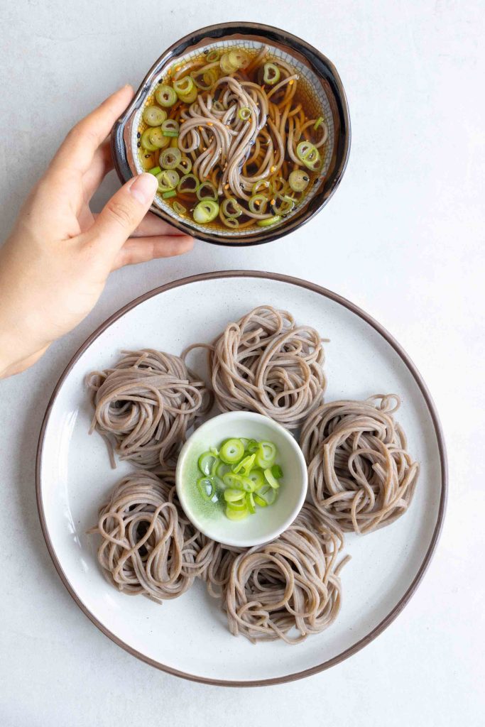 A plate of cold soba dipping noodles (zaru soba).