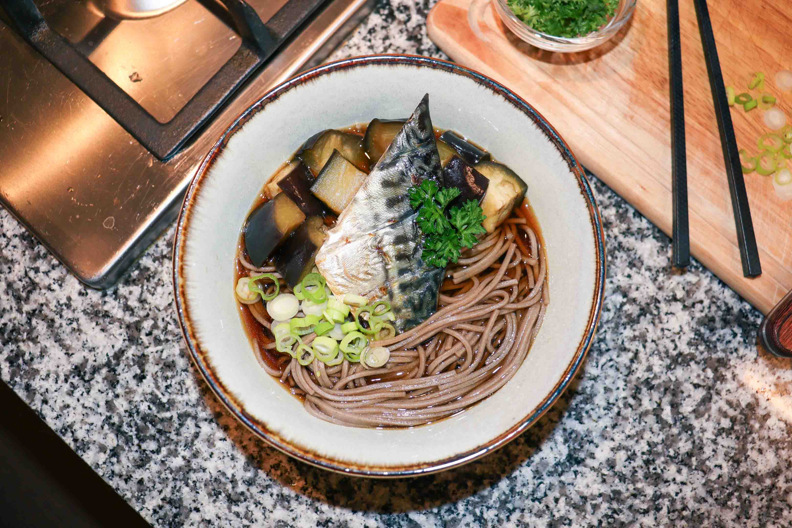Mackerel and Aubergine Soba Noodle Soup